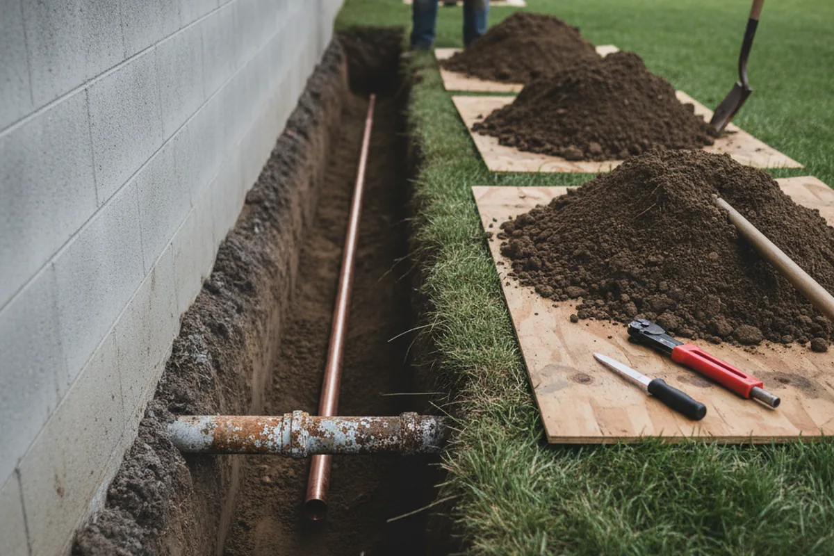 Excavated water line trench during Sewer Line Repair in Schnecksville